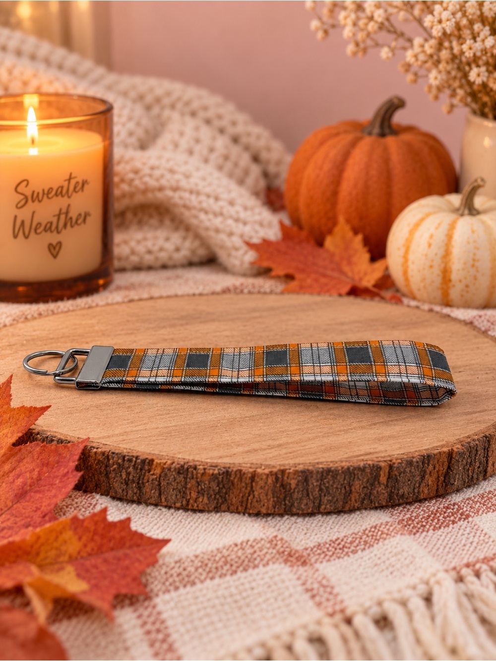 Gingham Orange Wristlet Keychain